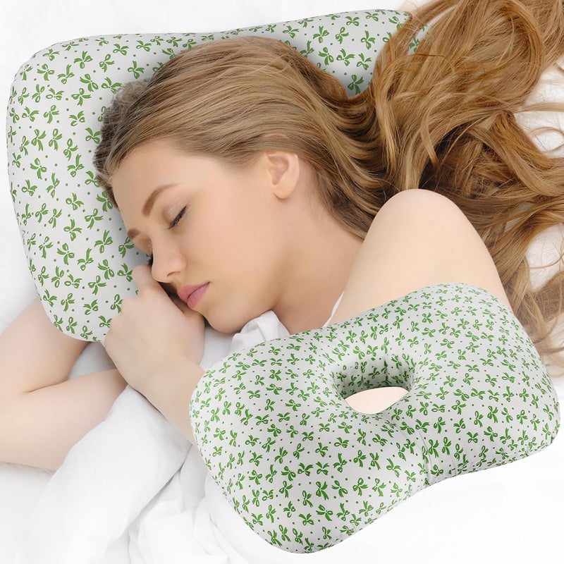 Wuronsa Ear Piercing Pillow with an Ear Hole, Cotton and Polyester Side Sleeping Pillow for CNH and Ear Pain Ear Inflammation Pressure Sores for Side Sleepers, Ear Guard Pillow (Green Flower) - Image 1